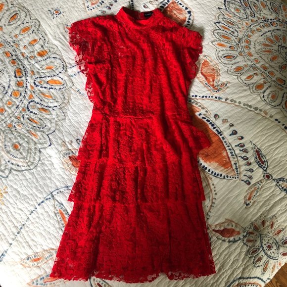 PrettyLittleThing Red Lace Ruffle Dress - Picture 2 of 3